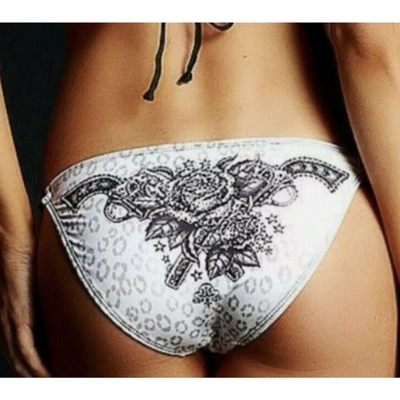 Sinful by Affliction Guns & Roses Embellished Bikini Bottom White Black Large - Picture 2 of 9